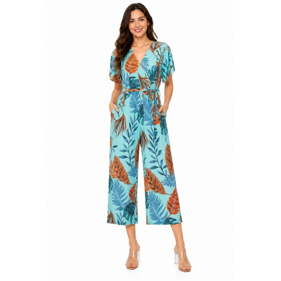 Women's Tropical Print Short Sleeve Wide Leg Jumpsuit with Tie Waist Detail Blue 1XL