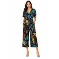 thumbnail image 1 of Women's Tropical Print Short Sleeve Wide Leg Jumpsuit with Tie Waist Detail Black 1XL, 1 of 4