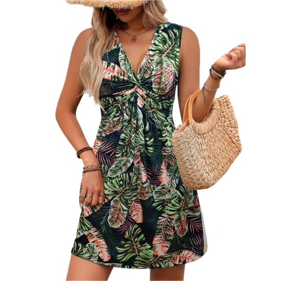 Women's Tropical Print V Neck Sleeveless Summer Dress with Slight Stretch 95% Polyester 5% Spandex Everyday Wear