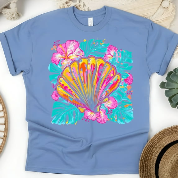 Women’s Tropical Seashell T-Shirt, Bright Hibiscus Floral Beach Graphic Tee, CarolinaBlue, Size M