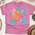 thumbnail image 1 of Women’s Tropical Seashell T-Shirt, Bright Hibiscus Floral Beach Graphic Tee, Heliconia, Size M, 1 of 6