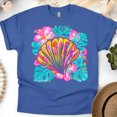 thumbnail image 1 of Women’s Tropical Seashell T-Shirt, Bright Hibiscus Floral Beach Graphic Tee, Royal, Size L, 1 of 6