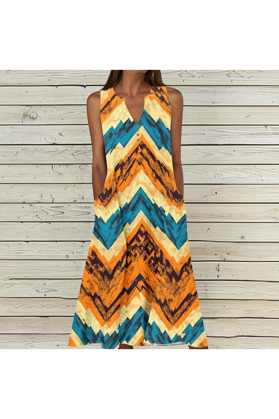 Women's Tropical Sleeveless Midi Tank Dress V Neck Colorful Leaf Print Summer Sundress with Pockets Relaxed Fit Flowy A-Line Dress For Summer Holiday Beach Wear