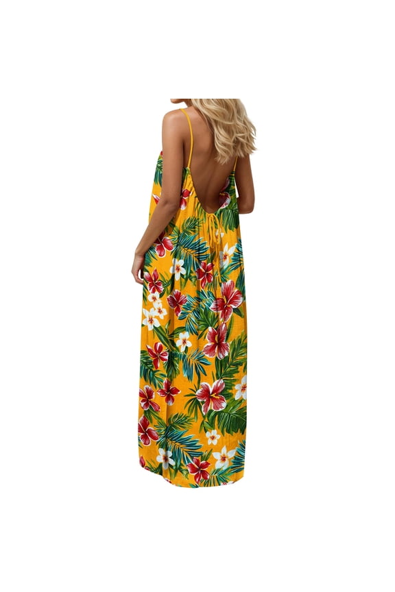 Women's Tropical Summer Maxi Dress Spaghetti Strap Sleeveless Monstera Leaf Print Loose Fit Flowy Long Dress Casual Beach Vacation Holiday Party Sun Dress