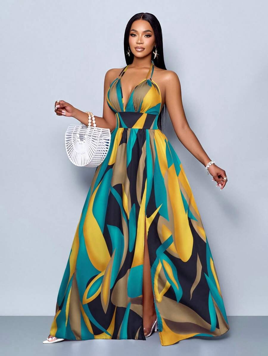 elegant tropical dress Elegant Strapless Blue Green Tropical Print Pleated Maxi Dress