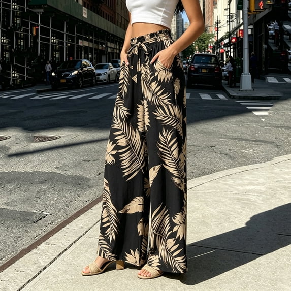 Women's Tropical Wide Leg Pants, Floral Print High Waist With Ruffle & Drawstring, Loose Beach Trousers With Side Pockets Beige XL