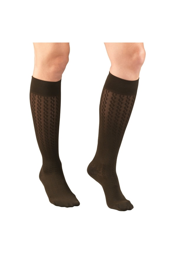 Women's Trouser Socks, Dress Style, Cable Pattern: 15-20 mmHg, Brown, Medium