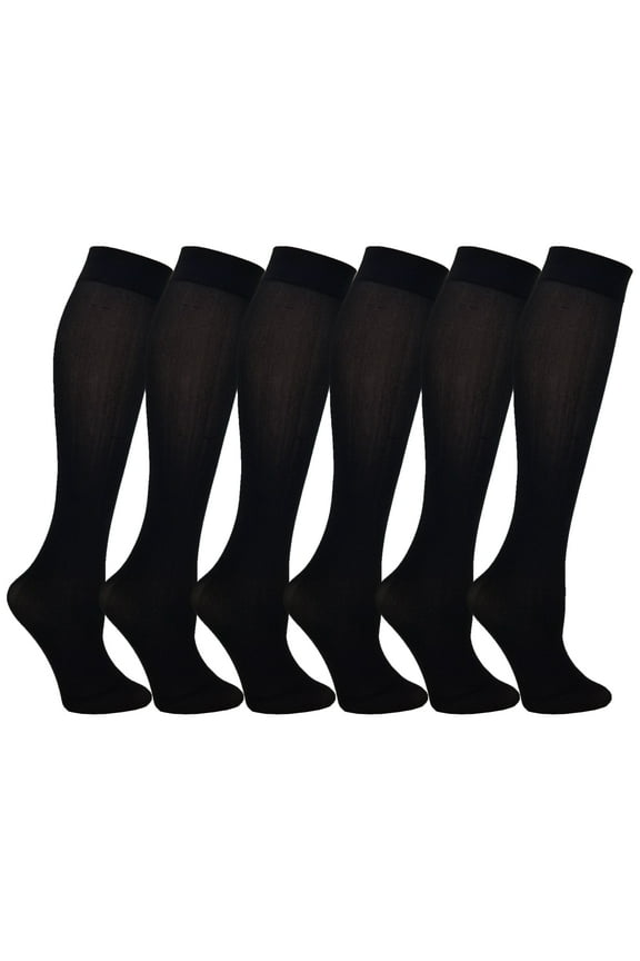 Women’s Trouser Socks, Opaque Stretchy Nylon Knee High, Many Colors, 6 or 12 Pairs (Black, 6 Pair)