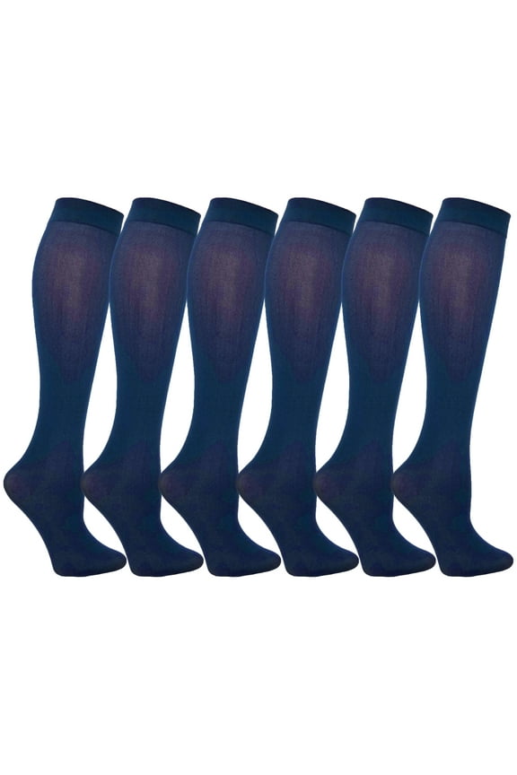 Women’s Trouser Socks, Opaque Stretchy Nylon Knee High, Many Colors, 6 or 12 Pairs (Navy, 6 Pair)