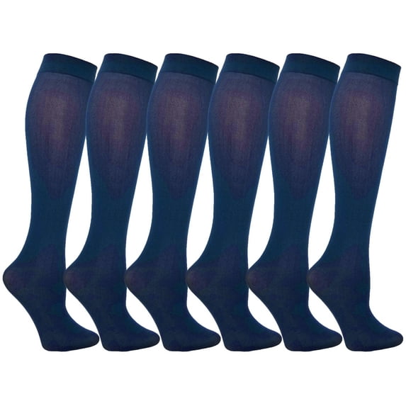 Women’s Trouser Socks, Opaque Stretchy Nylon Knee High, Many Colors, 6 or 12 Pairs (Navy, 6 Pair)