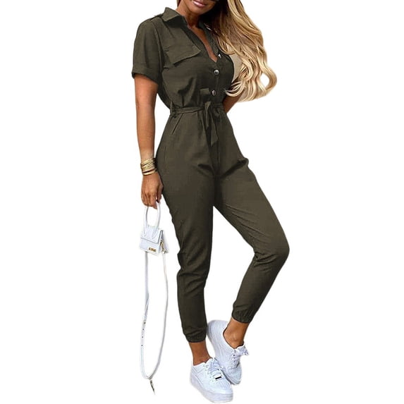 Women's Trousers Casual Lapel Button Button Printed Belt Cargo Jumpsuit
