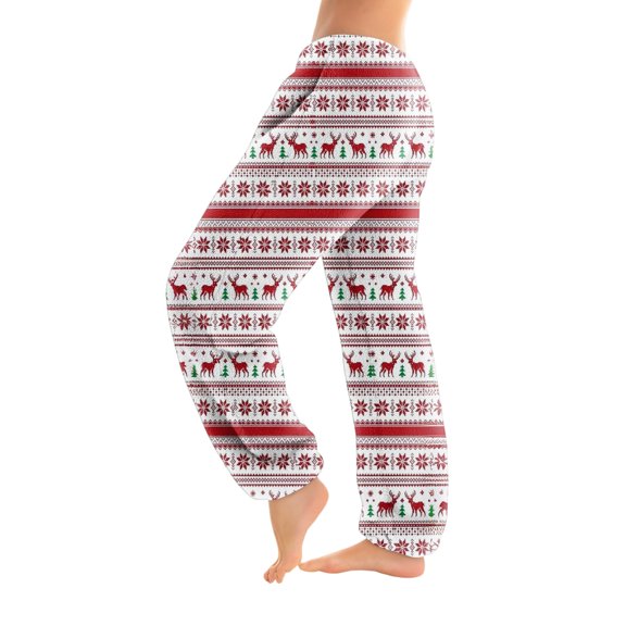 Women's Trousers With Cuffs Christmas Print Casual Pants And Pajamas, Comfortable Home and Sleepwear Bottoms, Elastic Waist with Drawstring for Easy Wear, Vermilion, XS