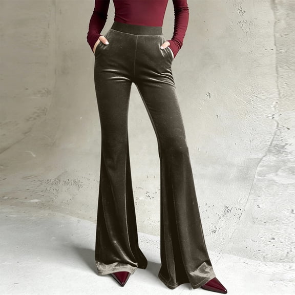 Women's Trousers Pants Summer Womens Velvet Flare Pants, High Waist Stretch Boot Cut Wide Leg Pants Dressy Casual Long Trousers with Pockets Gray M