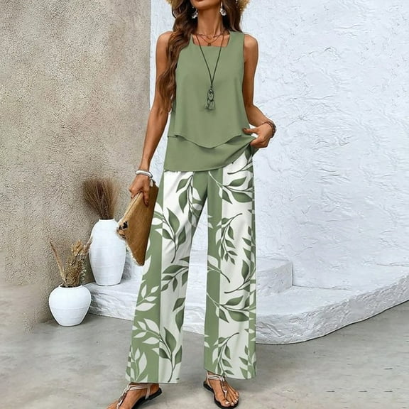 Women's Trousers Suit 2 Piece Sets For Women Summer Outfits Sleeveless Sets Square Neck Tops Wide Leg Crop Pants Vacation Outfits,Green Women's Trousers Suit M