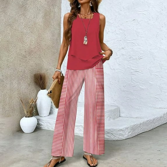 Women's Trousers Suit 2 Piece Sets For Women Summer Outfits Sleeveless Sets Square Neck Tops Wide Leg Crop Pants Vacation Outfits,Red Women's Trousers Suit M