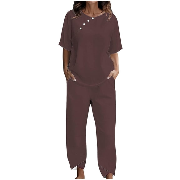 Women's Trousers Suit Casual Wear Summer Round Neck Blouse With Button Design Pure Color Outfit For Daily Vacation Bride Jumpsuit Wedding Guest Jumpsuit for Women Snow Pant Pant Suits for Women Dressy