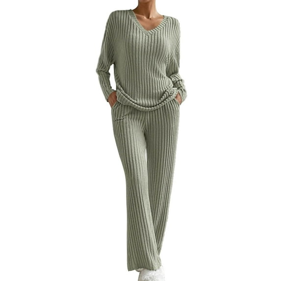 Women's Trousers Suit Clothing Women's 2025 Fashion Casual Straight Leg Pants Loose V Neck Knit Set