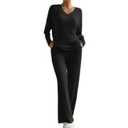 BEISHANBUSH Women's Trousers Suit Clearance Women's 2023 Fashion Casual Straight Leg Pants Loose V Neck Knit Set