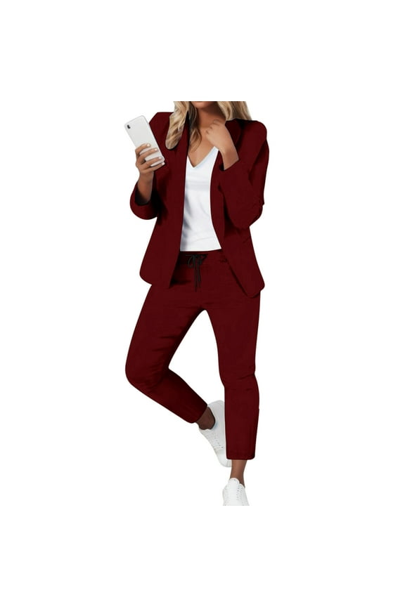 Women's Trousers Suit Elegant Solid Color Long Sleeve Cardigan with Pockets and Elastic Straight Leg Pants Set