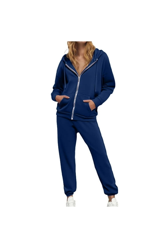 Women Fashion Solid Casual Drawstring Hoodie Higt Waist Trousers Two Set