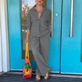 thumbnail image 1 of Women's Trousers Suit Women 2 Piece Cotton Linen Outfits Casual Loose 3/4 Sleeve Tops High Waist Wide Leg Pants Suit With Pockets,Gray Women's Trousers Suit S, 1 of 5