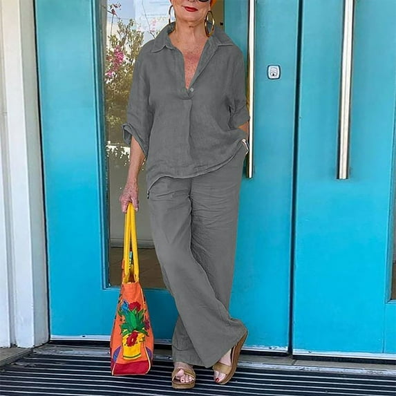 Women's Trousers Suit Women 2 Piece Cotton Linen Outfits Casual Loose 3/4 Sleeve Tops High Waist Wide Leg Pants Suit With Pockets,Gray Women's Trousers Suit S