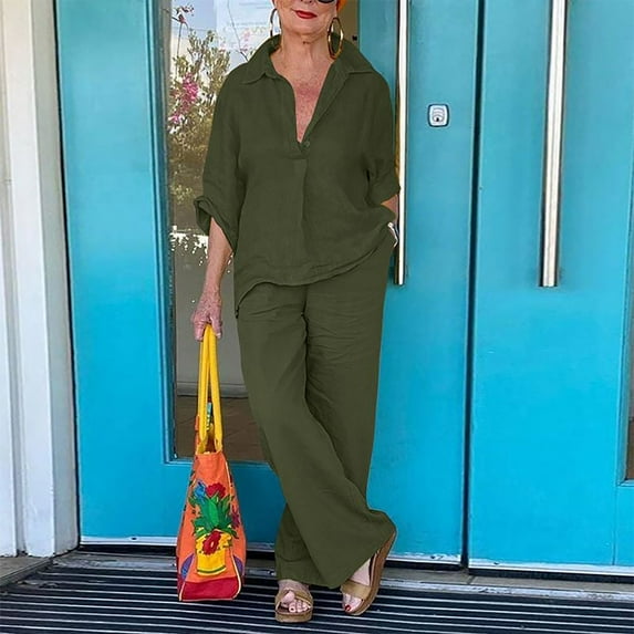 Women's Trousers Suit Women 2 Piece Cotton Linen Outfits Casual Loose 3/4 Sleeve Tops High Waist Wide Leg Pants Suit With Pockets,Green Women's Trousers Suit M