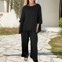 Women's Trousers Suit Women Linen 2 Piece Pants Suit For Women Cotton Linen Sets Outfits Long Sleeve Shirts Wide Leg Trousers,Black Women's Trousers Suit XL
