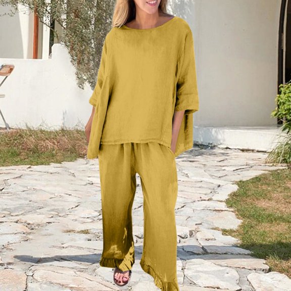 Women's Trousers Suit Women Linen 2 Piece Pants Suit For Women Cotton Linen Sets Outfits Long Sleeve Shirts Wide Leg Trousers,Yellow Women's Trousers Suit XL