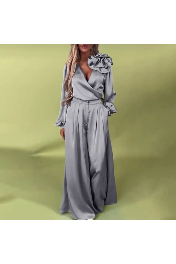 Women's Trousers Suit Women'S Formal V Neck Satin Elegant Two Piece Suits,Gray Women's Trousers Suit L