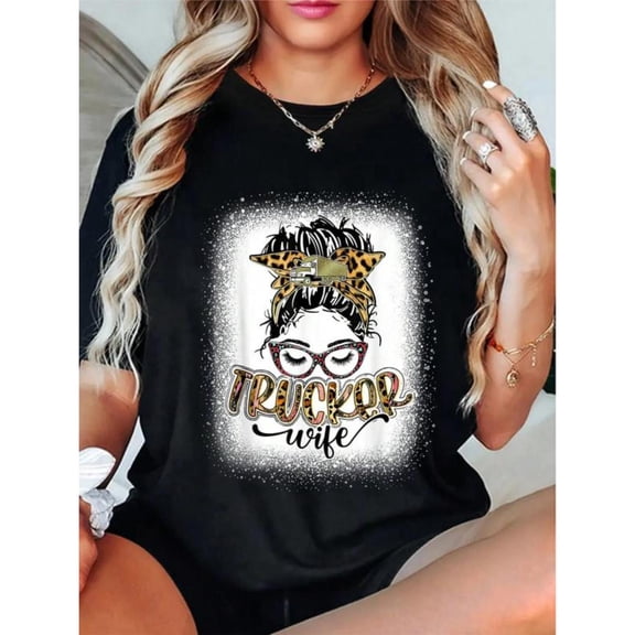Women's "Trucker Wife" Leopard Print Graphic Comfortable Casual T-Shirt Breathable Short Sleeve Round Neck Top Black S-5XL