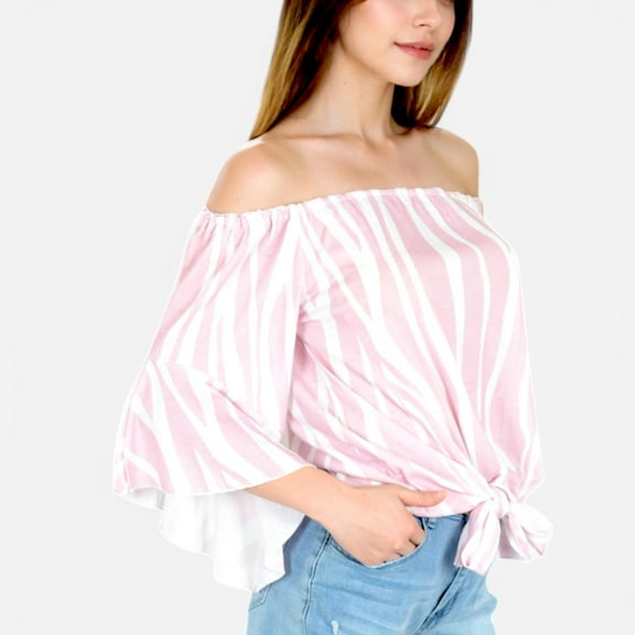 Women's Bell Flared Sleeve Tie-Front Blouse- Large ,Pink