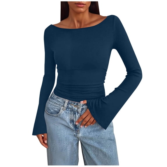 Women's Trumpet Sleeves Shirt Boatneck Slim Ruched Y2k Party Going Out Tops Solid Color Basic Fitted Fall Clothes