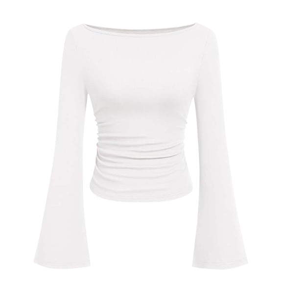Women's Trumpet Sleeves Shirt Boatneck Slim Ruched Y2k Party Going Out Tops Solid Color Basic Fitted Fall Clothes