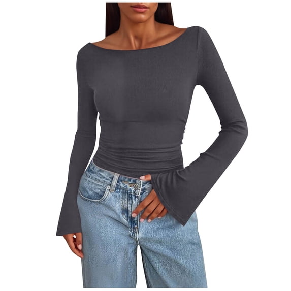 Women's Trumpet Sleeves Shirt Boatneck Slim Ruched Y2k Party Going Out Tops Solid Color Basic Fitted Fall Clothes