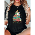 thumbnail image 1 of Women's Tshirt Graphic Tees Shirts Christmas Book Tree Reindeer All Booked For Christmas Design Casual Tops S-5XL, 1 of 5