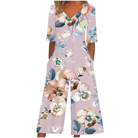 Women's Tshirt Jumpsuits Half Sleeve Loose Wide Leg Floral Rompers Casual Travel Vacation Outfits Gray, 2XL