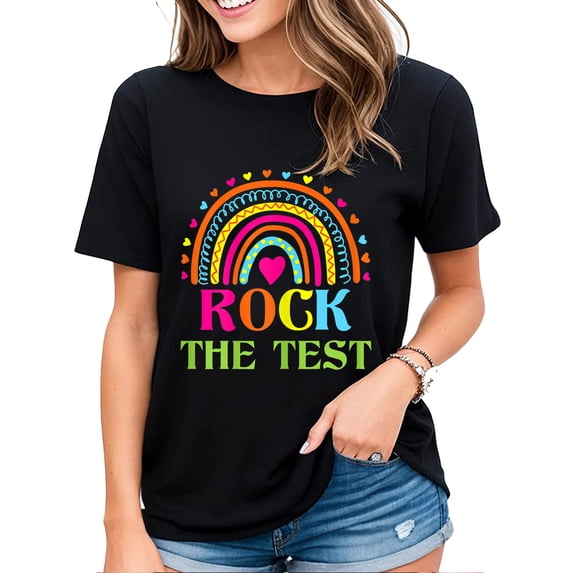 Women's Tshirt Rainbow Teacher Test Day Rock The Test Teacher Testing Day Casual Short Sleeve Tops Black Small
