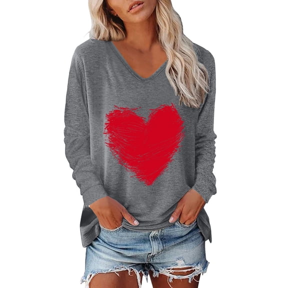 Women's Tshirt Valentine's Day Heart Print V Neck Long Sleeve T Shirt for Women Elegant Lightweight Breathable Casual Top Grey M