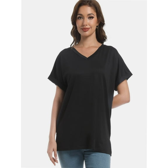 Women's Tshirts Casual V Neck Short Sleeve Loose Summer Tunic Tops