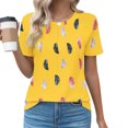 thumbnail image 1 of Women's Tshirts Short Sleeve Floral Print Tee Shirts Casual Summer Trendy Pleated Crewneck Dressy Tunic Tops (L, Yellow), 1 of 5