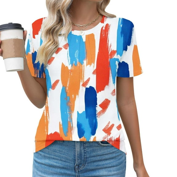 Women's Tshirts Short Sleeve Floral Print Tee Shirts Casual Summer Trendy Pleated Crewneck Dressy Tunic Tops (M, Orange)
