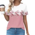 thumbnail image 1 of Women's Tshirts Short Sleeve Floral Print Tee Shirts Casual Summer Trendy Pleated Crewneck Dressy Tunic Tops (M, Pink), 1 of 5