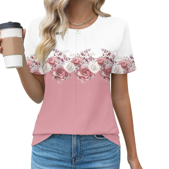 Women's Tshirts Short Sleeve Floral Print Tee Shirts Casual Summer Trendy Pleated Crewneck Dressy Tunic Tops (M, Pink)