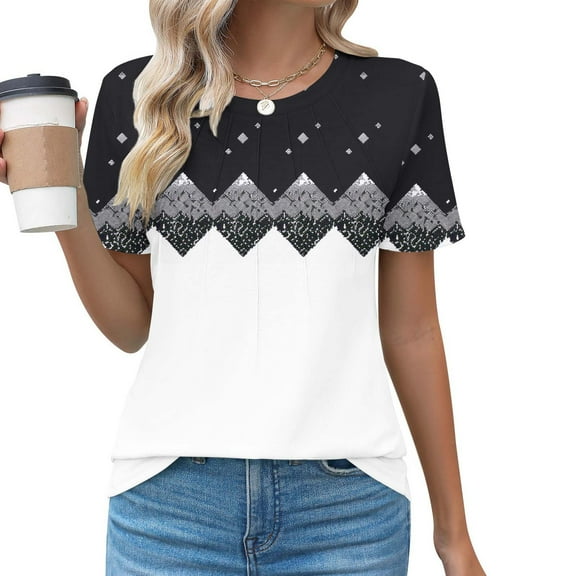 Women's Tshirts Short Sleeve Floral Print Tee Shirts Casual Summer Trendy Pleated Crewneck Dressy Tunic Tops (XL, Black 03)