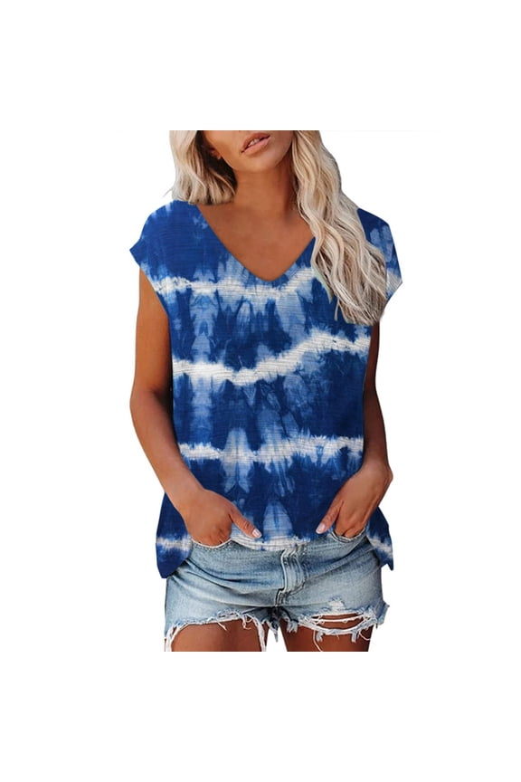 Women's Tshirts Women's Tie Dye Pattern Short Sleeve V Neck Loose Casual T Shirt Top Blue M