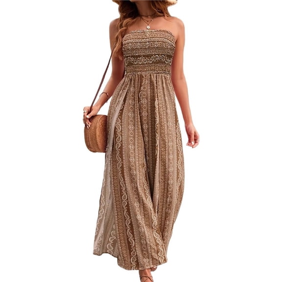 Women's Tube Jumpsuits Boho Print Loose Sleeveless Smocked Rompers Wide Leg Long Slit Khaki M