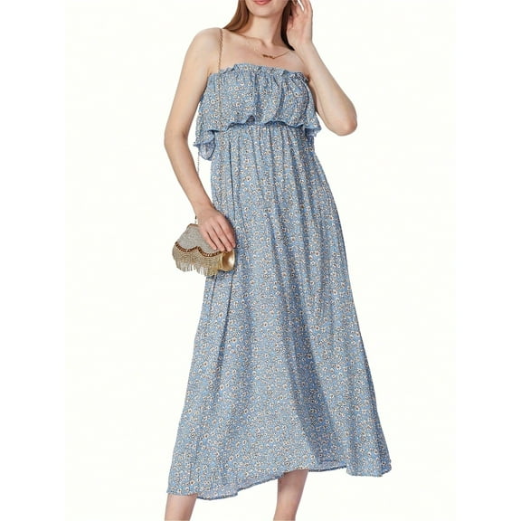 Women's Tube Ruffle Detail Layered Floral Print Flared Maxi Vacation Dress - Large, Blue