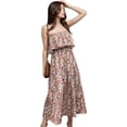 thumbnail image 1 of Women's Tube Ruffle Detail Layered Floral Print Flared Maxi Vacation Dress - X Large, Brown, 1 of 3