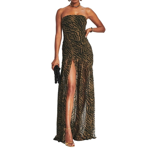 Women 's Tube Top Dress Strapless Backless Tropical Leopard Print High Slit Mesh Long Dress Slim Fit Party Club Night Dresses